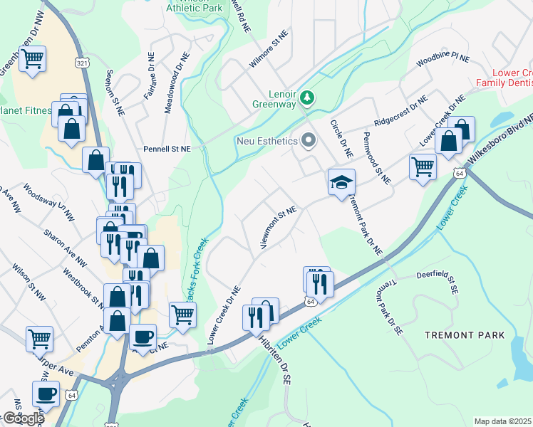 map of restaurants, bars, coffee shops, grocery stores, and more near 523 Viewmont Street Northeast in Lenoir