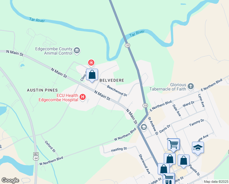 map of restaurants, bars, coffee shops, grocery stores, and more near 2606 Beechwood Drive in Tarboro