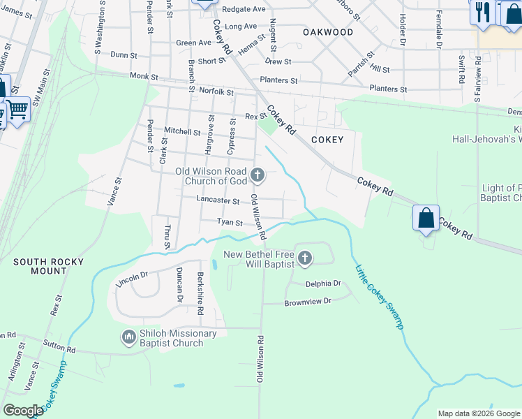 map of restaurants, bars, coffee shops, grocery stores, and more near 1614 Old Wilson Road in Rocky Mount