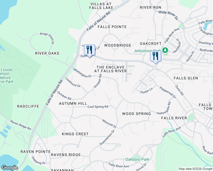 map of restaurants, bars, coffee shops, grocery stores, and more near 11100 Beechcrest Lane in Raleigh