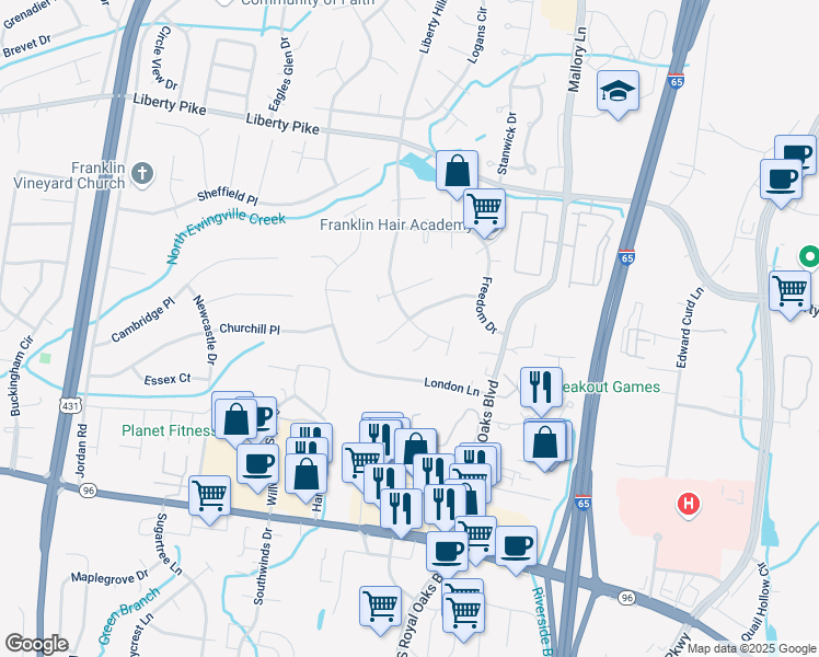 map of restaurants, bars, coffee shops, grocery stores, and more near 837 West Benjamin Court in Franklin