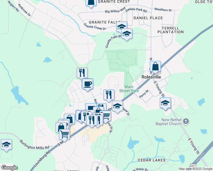 map of restaurants, bars, coffee shops, grocery stores, and more near 406 Brown Circle in Rolesville