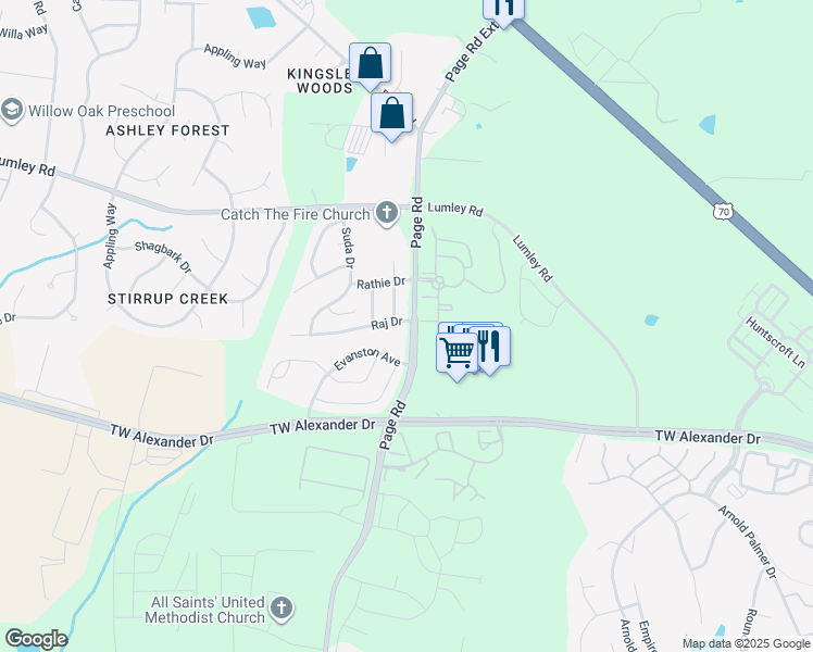map of restaurants, bars, coffee shops, grocery stores, and more near 2114 Raj Drive in Durham