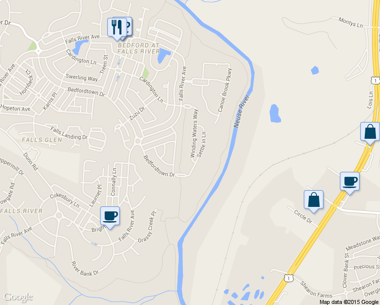 map of restaurants, bars, coffee shops, grocery stores, and more near 2925 Winding Waters Way in Raleigh