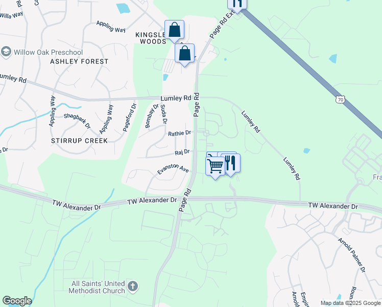 map of restaurants, bars, coffee shops, grocery stores, and more near 2114 Raj Drive in Durham
