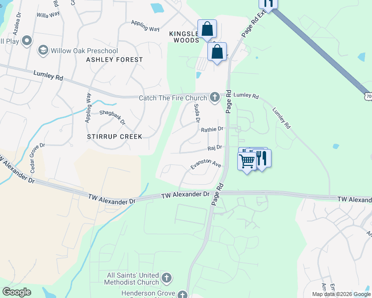 map of restaurants, bars, coffee shops, grocery stores, and more near 1916 Raj Drive in Durham