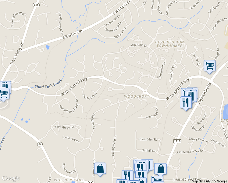 map of restaurants, bars, coffee shops, grocery stores, and more near 21 Copper Hill Court in Durham