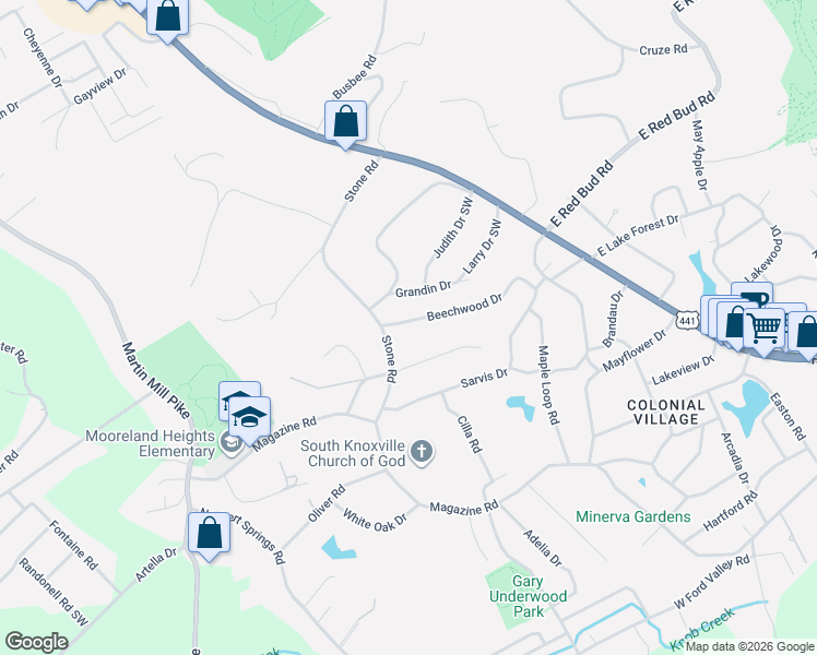 map of restaurants, bars, coffee shops, grocery stores, and more near 324 Beechwood Drive in Knoxville