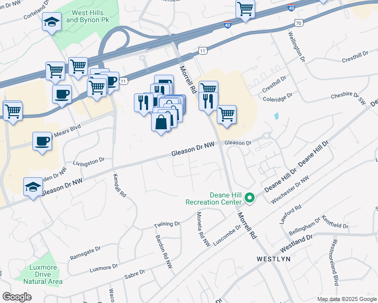 map of restaurants, bars, coffee shops, grocery stores, and more near 7700 Gleason Drive in Knoxville