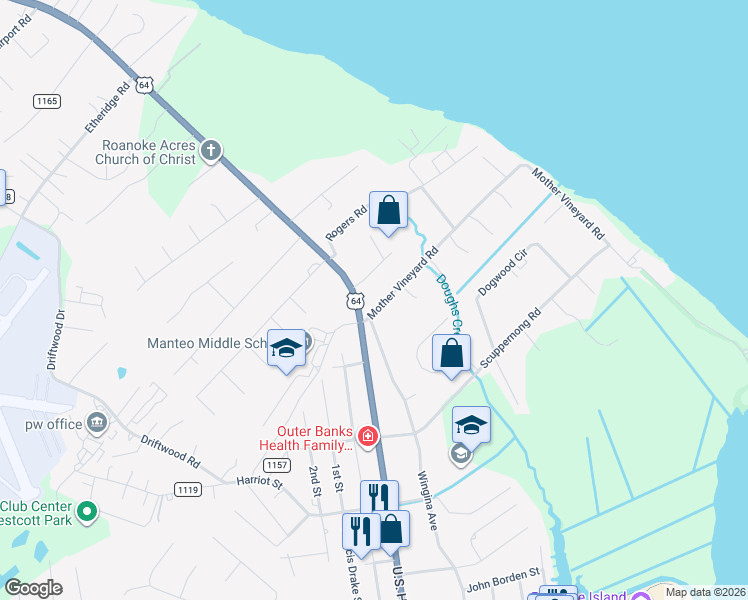 map of restaurants, bars, coffee shops, grocery stores, and more near 105 Mother Vineyard Road in Manteo