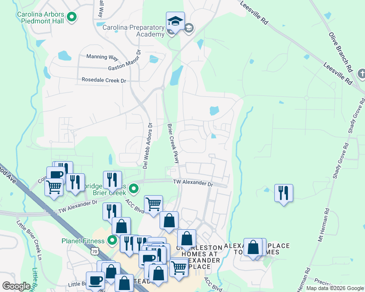 map of restaurants, bars, coffee shops, grocery stores, and more near 407 Shale Creek Drive in Durham
