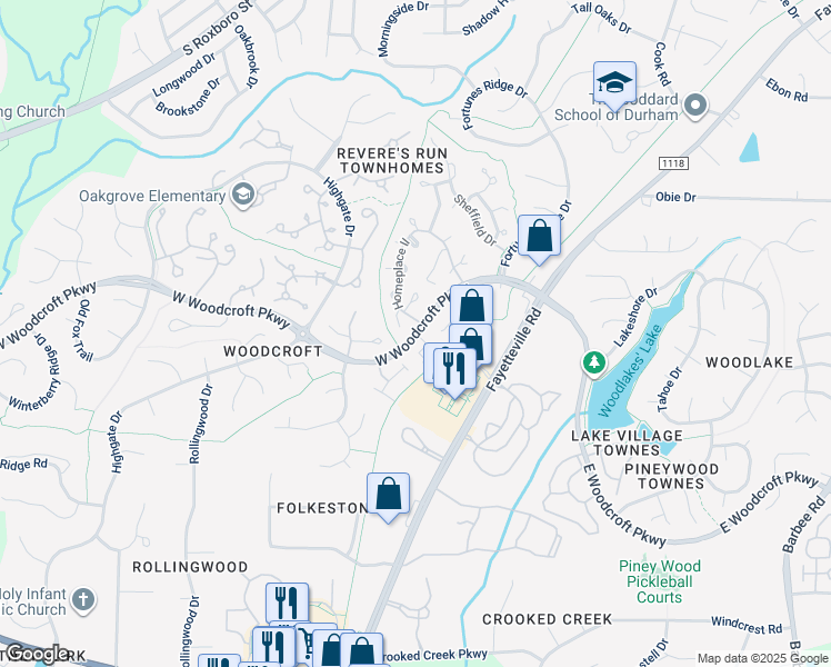 map of restaurants, bars, coffee shops, grocery stores, and more near 500 West Woodcroft Parkway in Durham