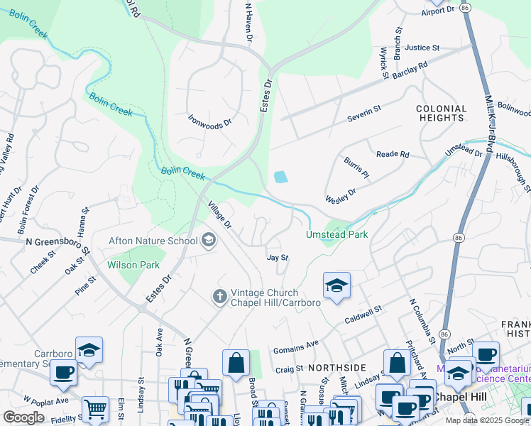 map of restaurants, bars, coffee shops, grocery stores, and more near 164 Ridge Trail in Chapel Hill