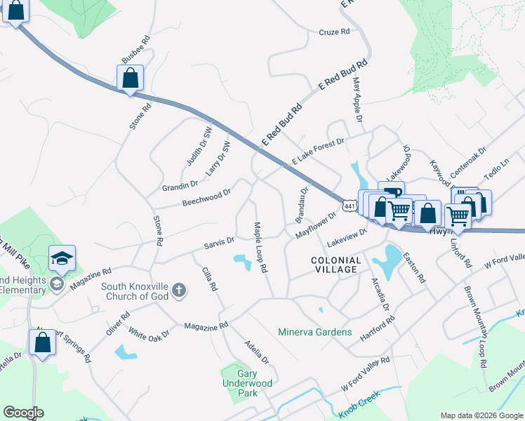 map of restaurants, bars, coffee shops, grocery stores, and more near 209 Maple Loop Road in Knoxville