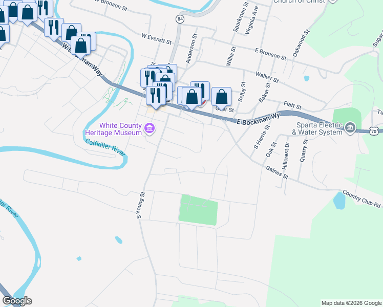 map of restaurants, bars, coffee shops, grocery stores, and more near 121 Sims Street in Sparta
