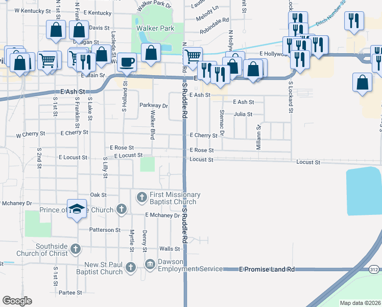 map of restaurants, bars, coffee shops, grocery stores, and more near 702 South Ruddle Road in Blytheville