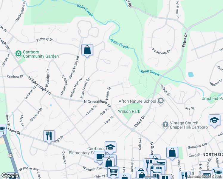 map of restaurants, bars, coffee shops, grocery stores, and more near 110 Hanna Street in Carrboro