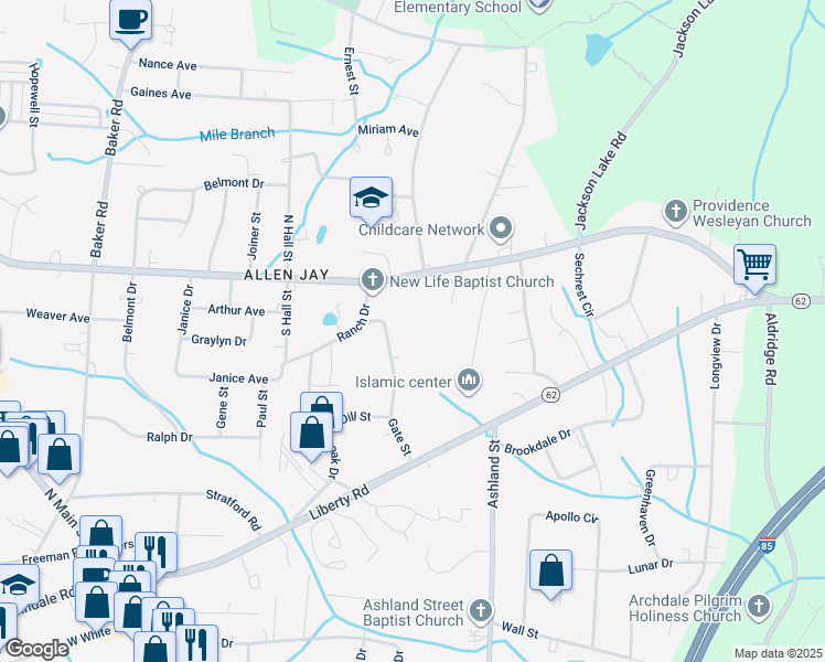 map of restaurants, bars, coffee shops, grocery stores, and more near 117 Gate Street in Archdale