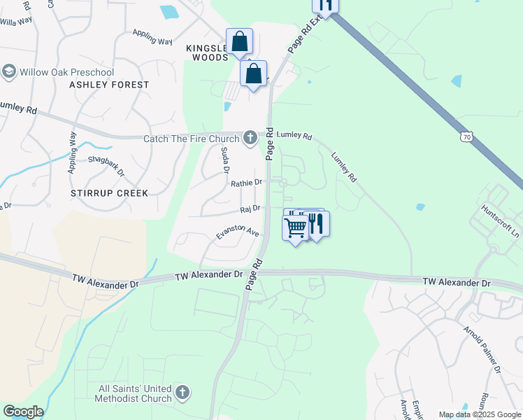 map of restaurants, bars, coffee shops, grocery stores, and more near 2114 Raj Drive in Durham