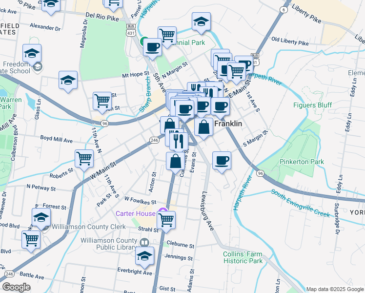 map of restaurants, bars, coffee shops, grocery stores, and more near 219 Cummins Street in Franklin