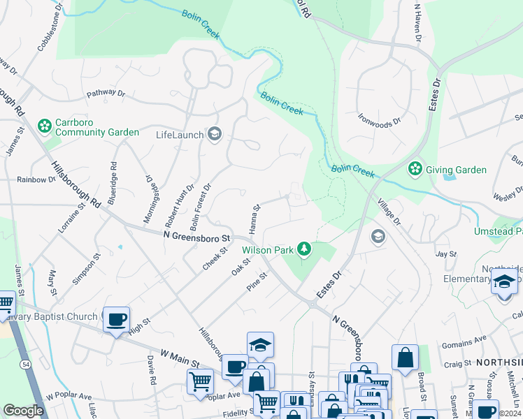 map of restaurants, bars, coffee shops, grocery stores, and more near 112 Hanna Street in Carrboro