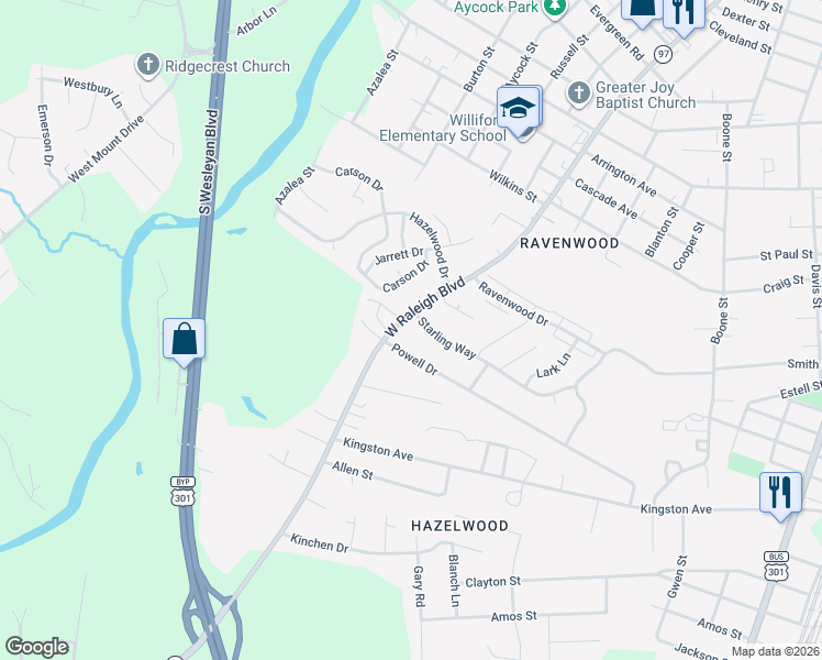 map of restaurants, bars, coffee shops, grocery stores, and more near 825 Starling Way in Rocky Mount
