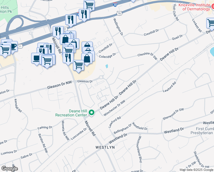 map of restaurants, bars, coffee shops, grocery stores, and more near 1 Sir Walter Way in Knoxville