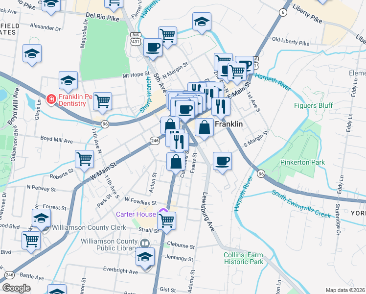 map of restaurants, bars, coffee shops, grocery stores, and more near 219 Cummins Street in Franklin
