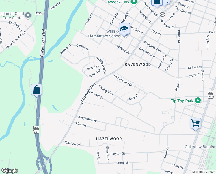 map of restaurants, bars, coffee shops, grocery stores, and more near 720 Starling Way in Rocky Mount