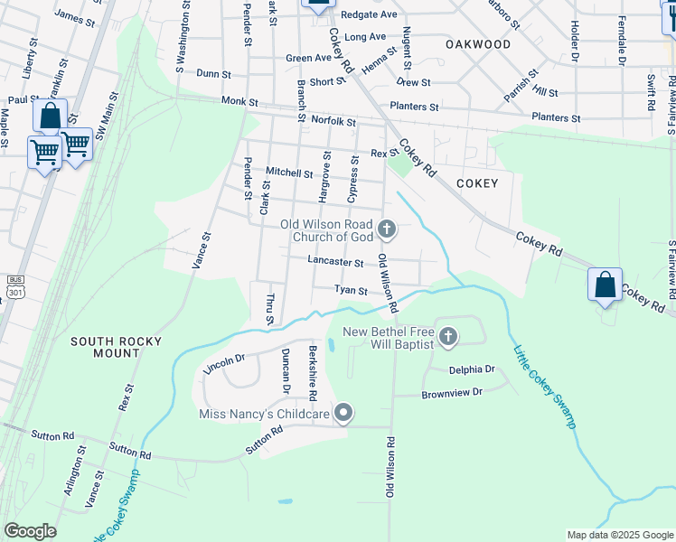map of restaurants, bars, coffee shops, grocery stores, and more near 1610 Cypress Street in Rocky Mount