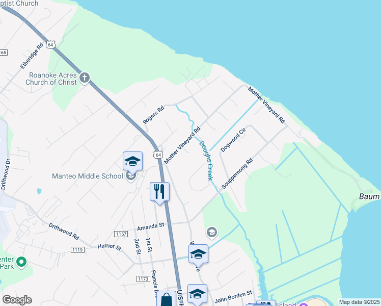 map of restaurants, bars, coffee shops, grocery stores, and more near 128 Mother Vineyard Road in Manteo