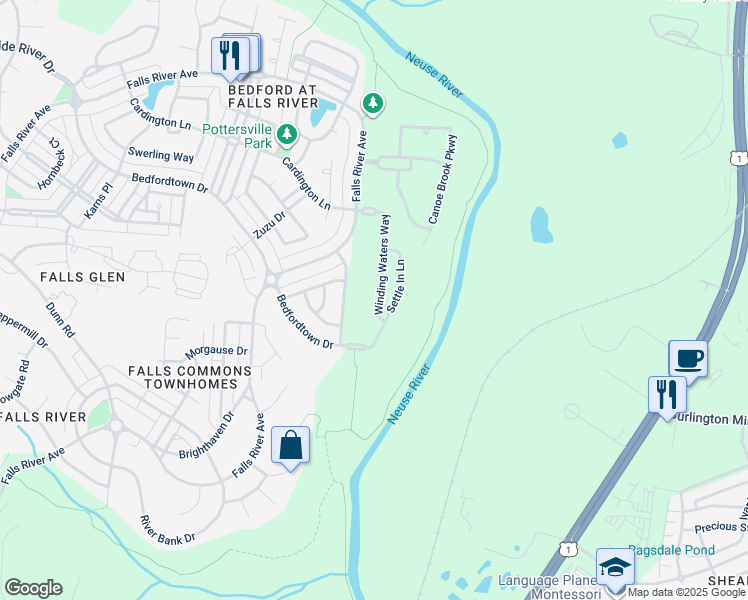 map of restaurants, bars, coffee shops, grocery stores, and more near 2937 Winding Waters Way in Raleigh