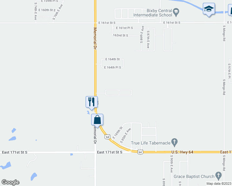 map of restaurants, bars, coffee shops, grocery stores, and more near 16601 South Memorial Drive in Bixby