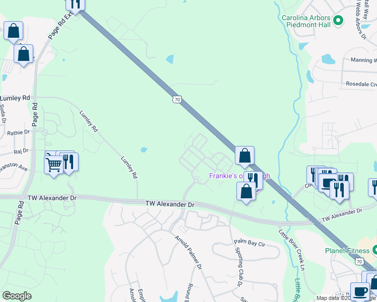 map of restaurants, bars, coffee shops, grocery stores, and more near 2400 Huntscroft Lane in Raleigh