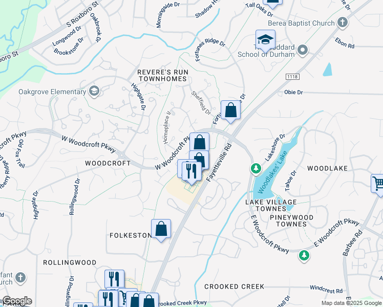 map of restaurants, bars, coffee shops, grocery stores, and more near 5726 Fayetteville Road in Durham