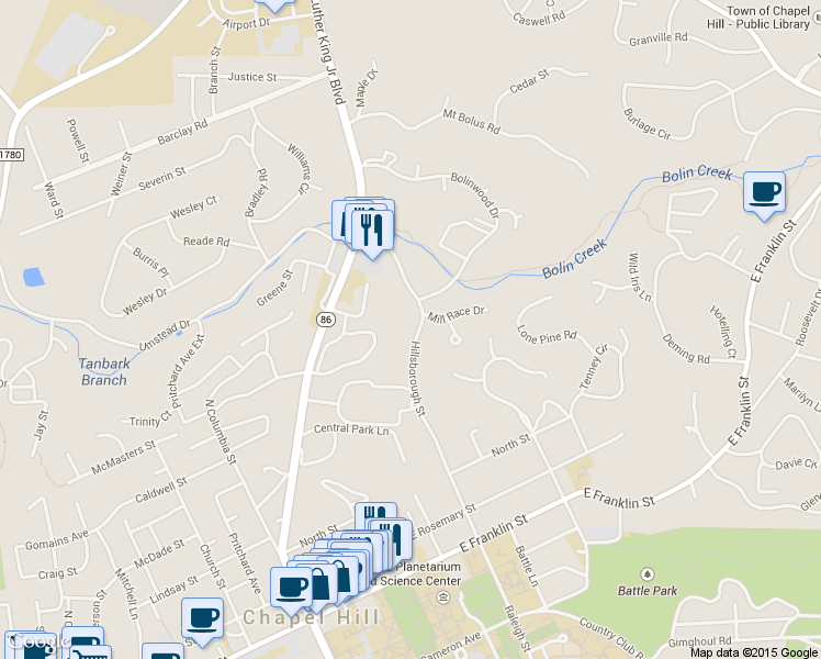 map of restaurants, bars, coffee shops, grocery stores, and more near 521 Hillsborough Street in Chapel Hill