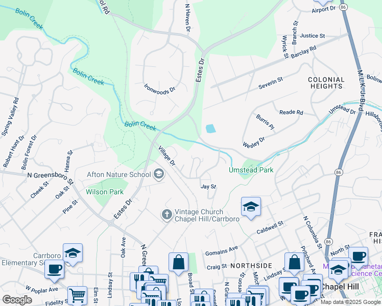 map of restaurants, bars, coffee shops, grocery stores, and more near 172 Ridge Trail in Chapel Hill