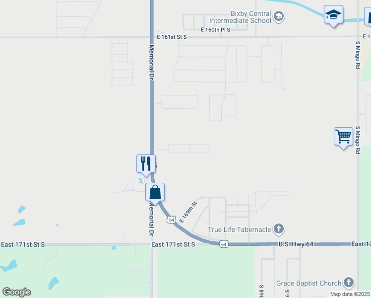 map of restaurants, bars, coffee shops, grocery stores, and more near 16601 South Memorial Drive in Bixby