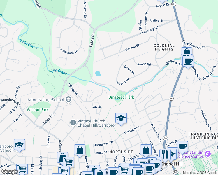 map of restaurants, bars, coffee shops, grocery stores, and more near 373 Umstead Drive in Chapel Hill