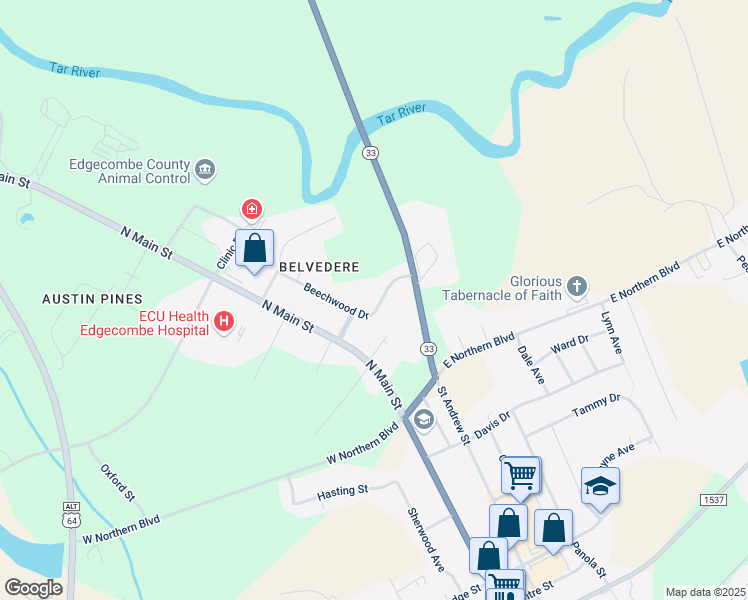 map of restaurants, bars, coffee shops, grocery stores, and more near 2515 Beechwood Drive in Tarboro
