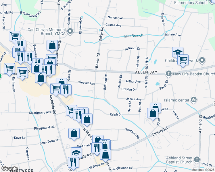 map of restaurants, bars, coffee shops, grocery stores, and more near 514 Belmont Drive in Archdale