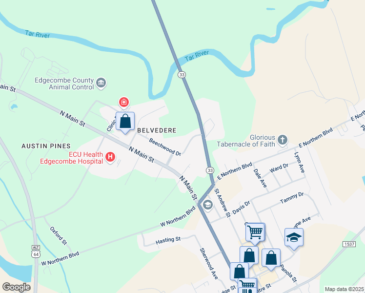 map of restaurants, bars, coffee shops, grocery stores, and more near 2515 Beechwood Drive in Tarboro