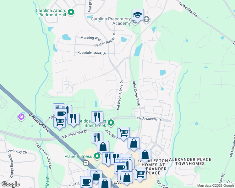 map of restaurants, bars, coffee shops, grocery stores, and more near 334 Brier Crossings Loop in Durham
