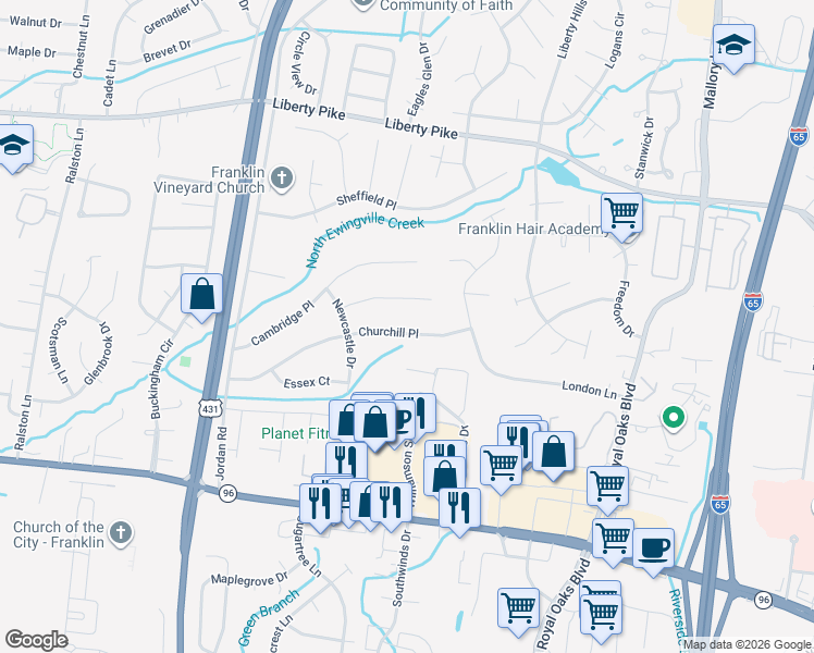 map of restaurants, bars, coffee shops, grocery stores, and more near 209 Churchill Place in Franklin