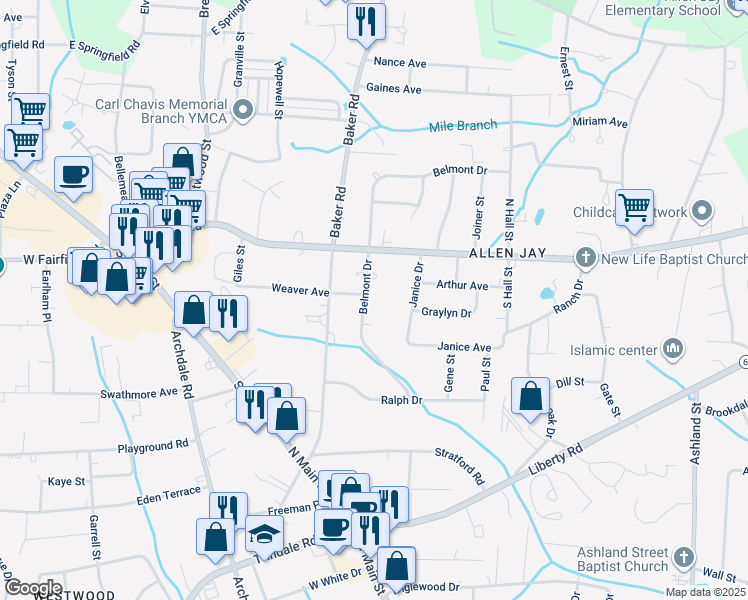 map of restaurants, bars, coffee shops, grocery stores, and more near 514 Belmont Drive in Archdale