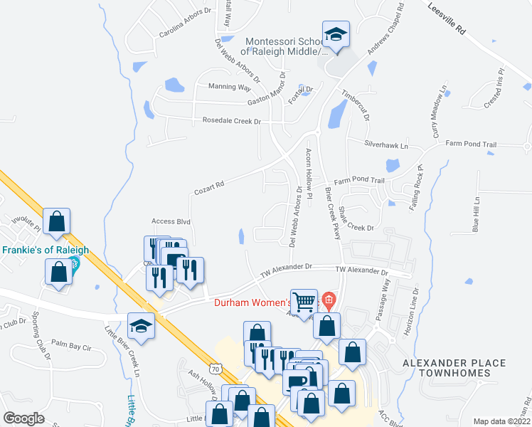 map of restaurants, bars, coffee shops, grocery stores, and more near 237 Lynchwick Lane in Durham