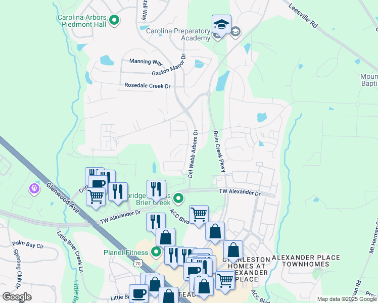 map of restaurants, bars, coffee shops, grocery stores, and more near 334 Brier Crossings Loop in Durham