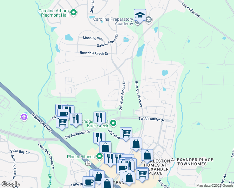map of restaurants, bars, coffee shops, grocery stores, and more near 334 Brier Crossings Loop in Durham