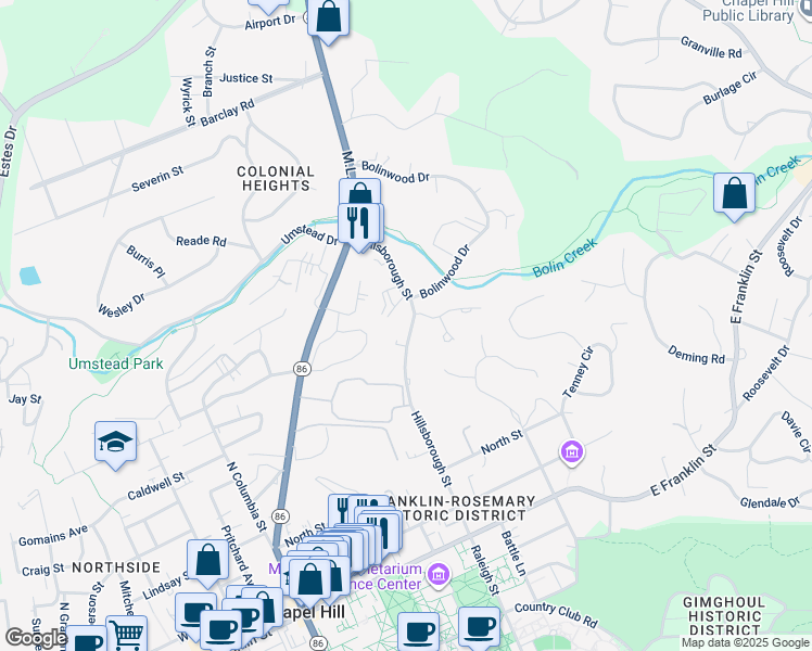 map of restaurants, bars, coffee shops, grocery stores, and more near 521 Hillsborough Street in Chapel Hill