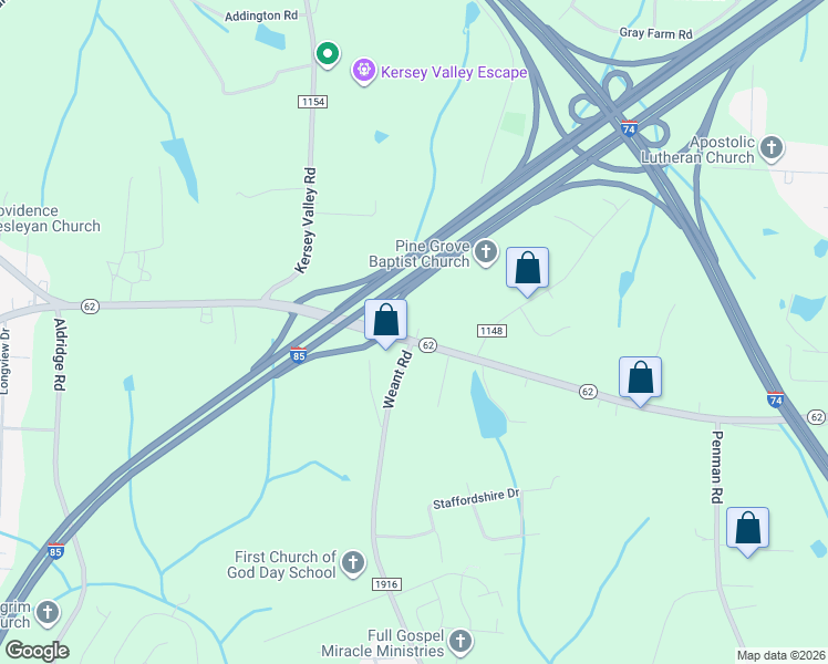 map of restaurants, bars, coffee shops, grocery stores, and more near 1765 North Carolina 62 in Archdale